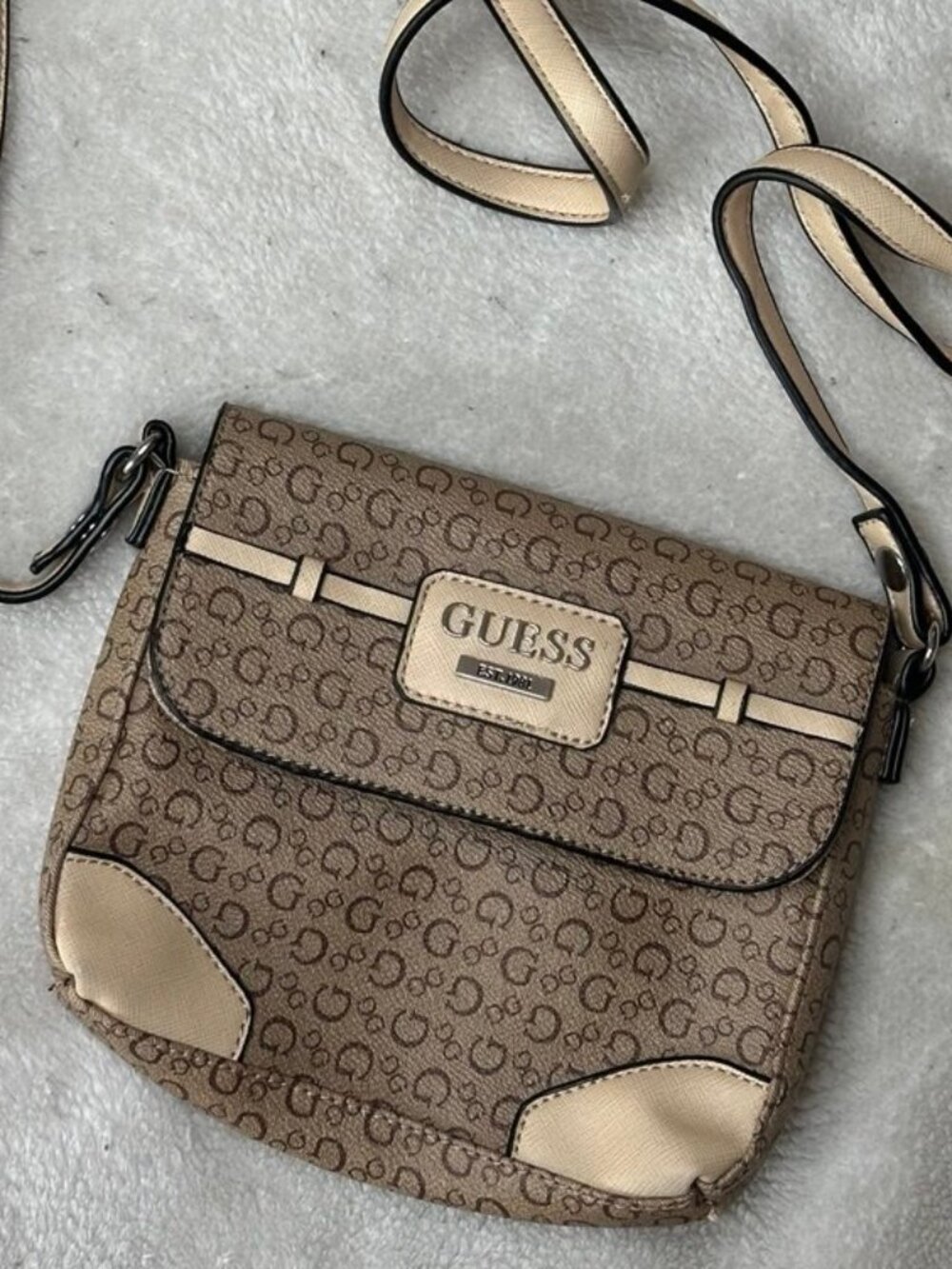 GUESS Brown Monogram Crossbody Bag Beige Trim